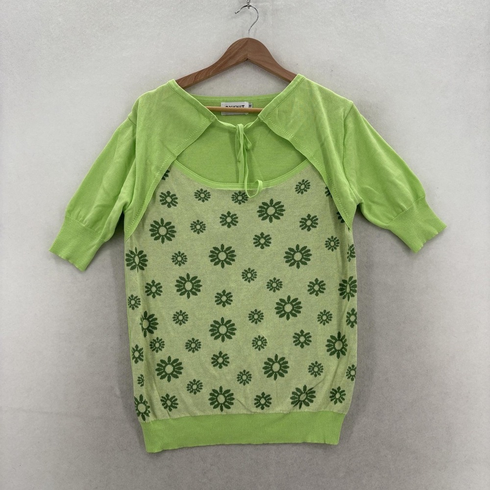 OXKNIT Sweater Womens Medium Green Cotton Floral Scoop Neck Knit Lightweight
